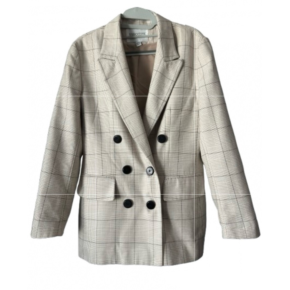 Vintage Executive Collection Women's 8P Cream Tan Plaid Double-Breasted Blazer - Picture 6 of 14